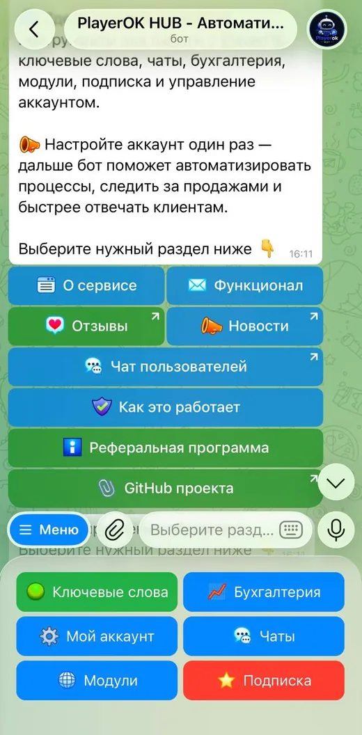 Главное меню PlayerOK HUB: ключевые слова, бухгалтерия, аккаунт, чаты, модули и подписка